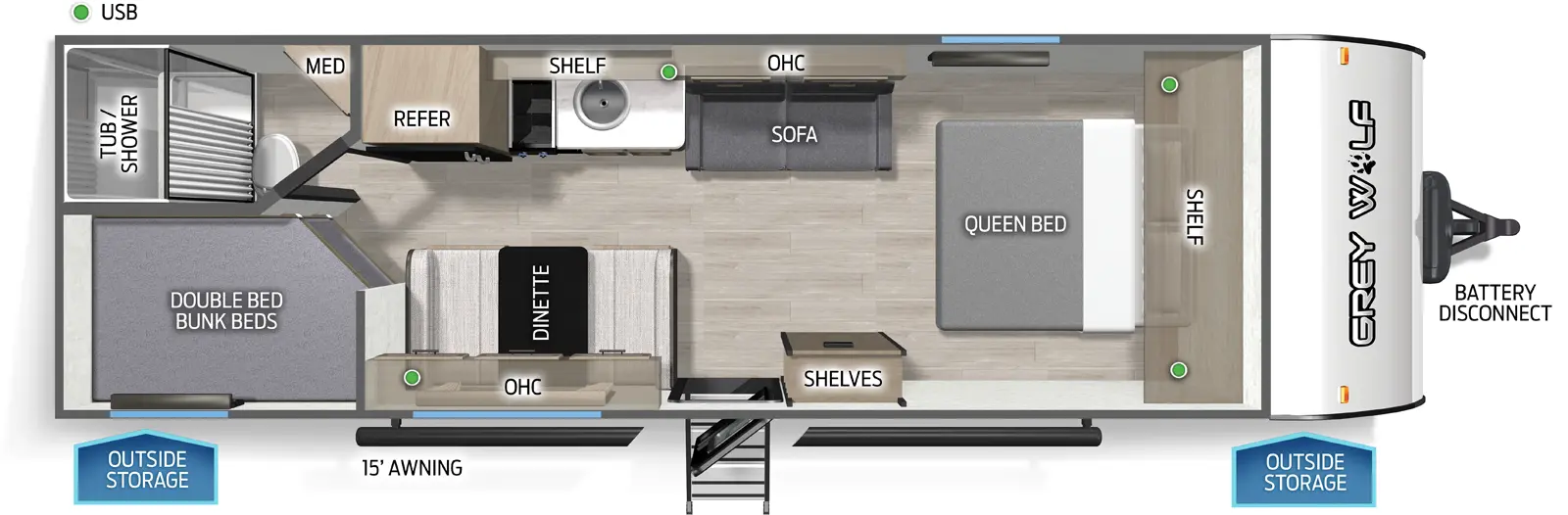 The Grey Wolf 26LP floorplan has one entry and zero slide outs. Exterior features include: metal exterior and 15' awning. Interiors features include: bunk beds and front bedroom.